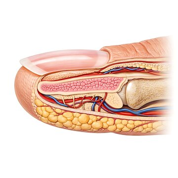 Cross section of human finger anatomy showing nail structure, bone, nerves and blood vessels, 3d medical illustration
