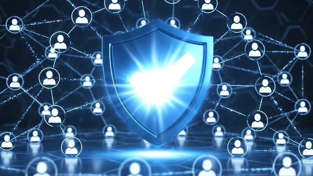 Blue shield with checkmark on network background for commercial backgrounds, digital design, and advertising