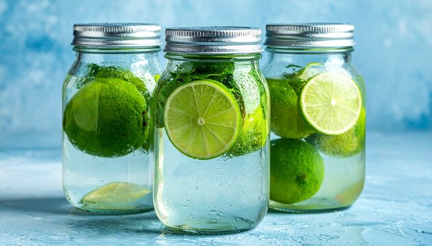 A culinary lifestyle digital illustration of three glass jars filled with fresh green limes submerged in liquid, possibly water or brine. The jars are sealed with metal lids, with condensation and dro