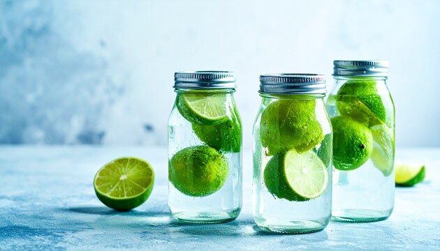 A culinary lifestyle digital illustration of three glass jars filled with fresh green limes submerged in liquid, possibly water or brine. The jars are sealed with metal lids, with condensation and dro