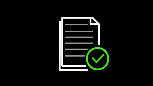 Approved document icon with green check mark representing verification, validation and completed process, clean minimal outline animation for business workflow and UI design