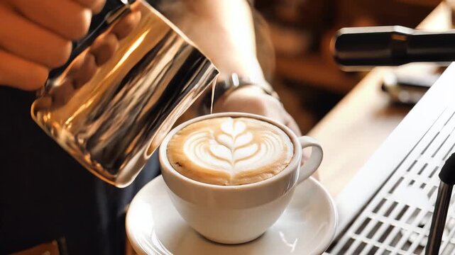 barista pouring milk to create latte art in a cozy cafe