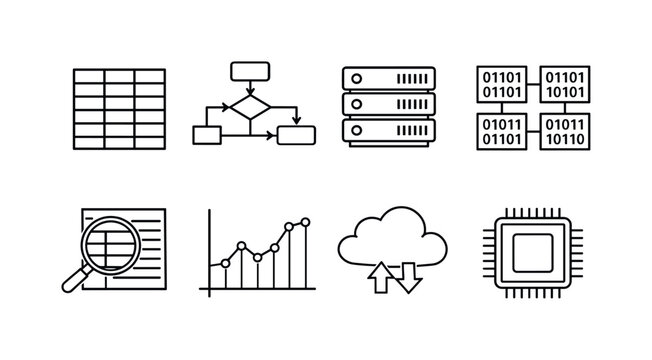 Machine learning system: dataset table, algorithm flowchart, server rack, binary code blocks, magnifying glass over data, prediction graph, cloud processing, cpu