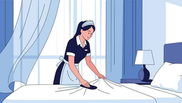 Professional hotel maid in uniform neatly making the bed and tucking in sheets to provide high-quality room service for guests and visitors.