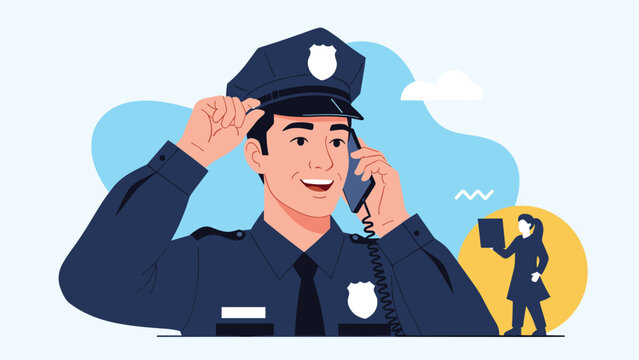 Friendly male police officer in uniform smiling while talking on the phone during service representing public safety and law enforcement.