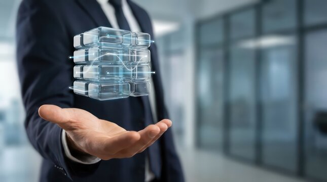 Business professional holding transparent system blocks with managed data flow in modern office, enterprise architecture header with copy space