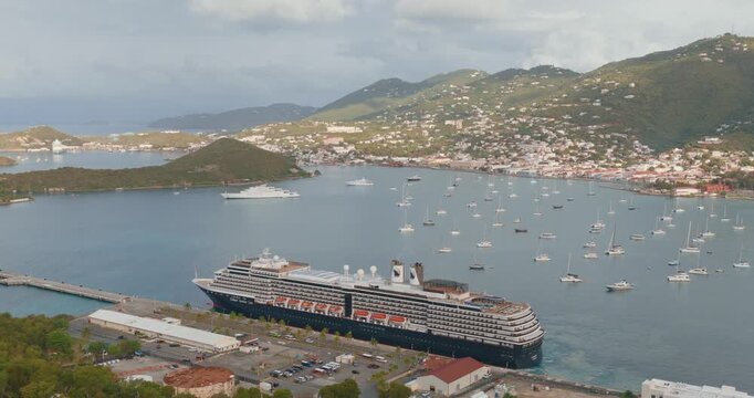 Docked Luxury Cruise Ship In Charlotte Amalie, St. Thomas On The U.S. Virgin Islands. Aerial Shot