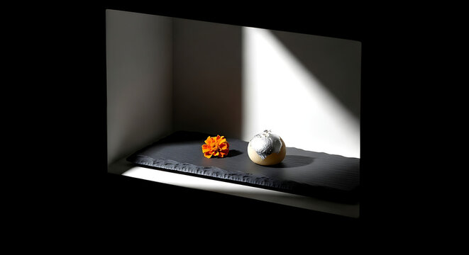 Japanese minimalist. a serene arrangement one perfect sandesh (milk-based sweet), a single marigold, on a slate tile within a recessed, shadowy alcove (vitrine)