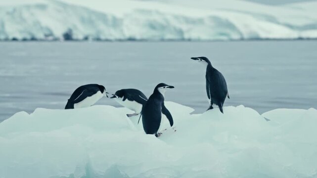 Three chinstrap penguins stand and interact on a floating ice floe in Antarctica with blurred snowy mountains and gray ocean in background