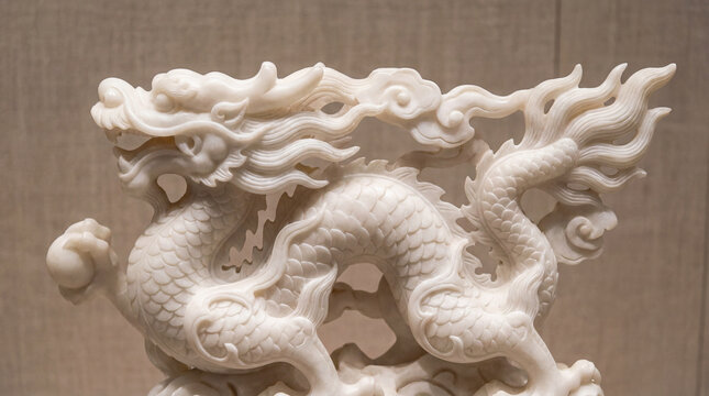 Intricate White Jade Dragon Sculpture, Symbol of Power and Good Fortune in Asian Culture