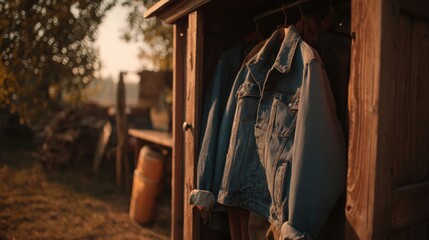 Fototapeta premium Rustic Denim Jacket Hanging in Vintage Reclaimed Barnwood Armoire Outdoors