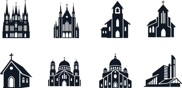 Collection of church building silhouettes in black