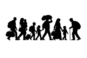 Obraz premium Silhouette of a family migrating with luggage, symbolizing journeys and displacement