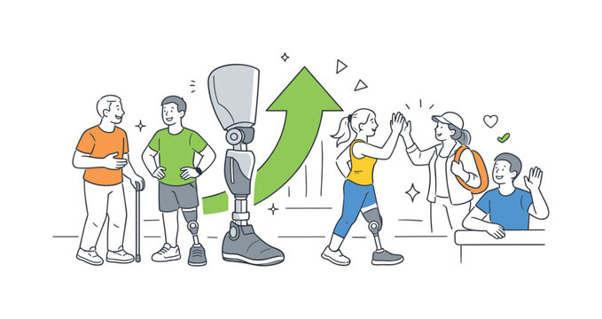 An assistive technology concept where individuals regain mobility and confidence through the use of a leg prosthesis, visualized by a small group interacting near a