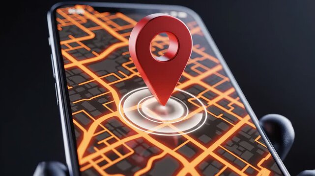 Smartphone with map and location pin for commercial backgrounds, digital design, and advertising