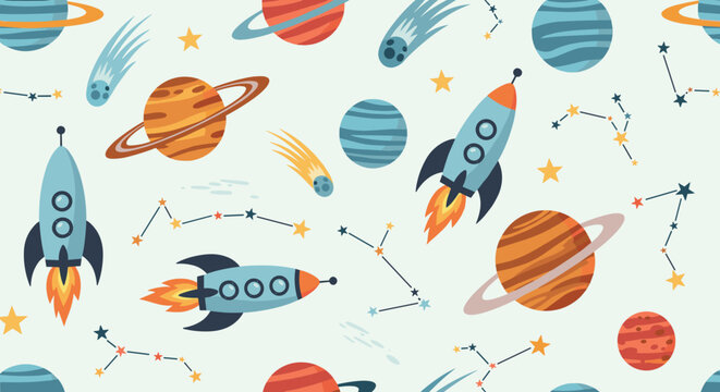 Whimsical space rockets and planets pattern illustration for a cosmic travel background.