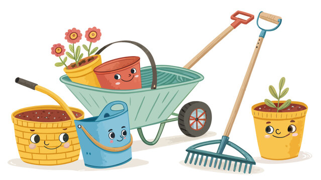 Cartoon garden tools and equipment set with wheelbarrow rake buckets and potted plants for gardening and landscaping needs
