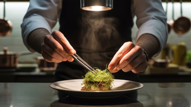 Professional chef plating a gourmet dish with microgreen and tweezer in a kitchen under a heat lamp