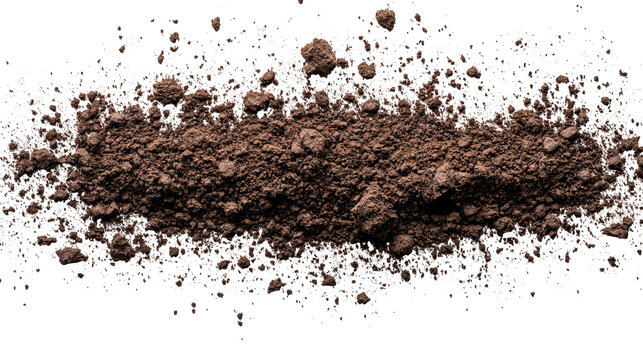 Pile of loose, dark brown soil, finely textured with small rocks, isolated on black