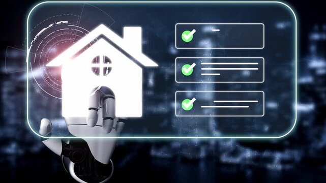 Futuristic robotic hand interacting with smart home interface, showcasing automation and technology in residential settings for modern living solutions Gluon.