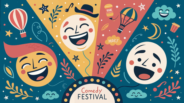 Comedy festival poster with laughing faces emojis and whimsical illustrations of hot air balloons and confetti