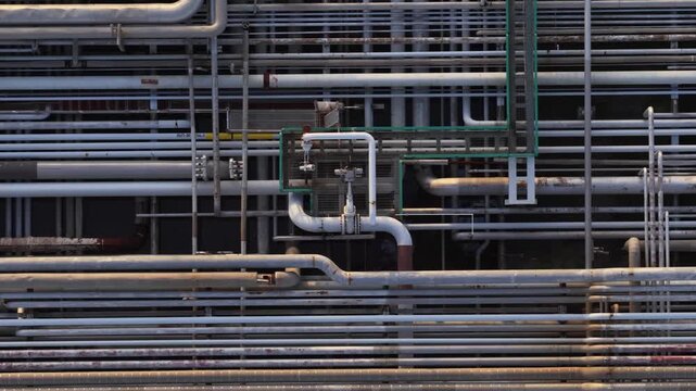 Aerial view of an industrial pipeline structure with a complex web of pipes and machinery, creating a stark industrial scene, Sines, Portugal.