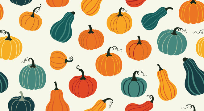 Seamless pattern of colorful autumn pumpkins and gourds featuring fall harvest vegetables for seasonal decoration and background design.