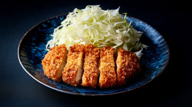 千切りキャベツと一緒に盛り付けたサクサクのとんかつの一皿
