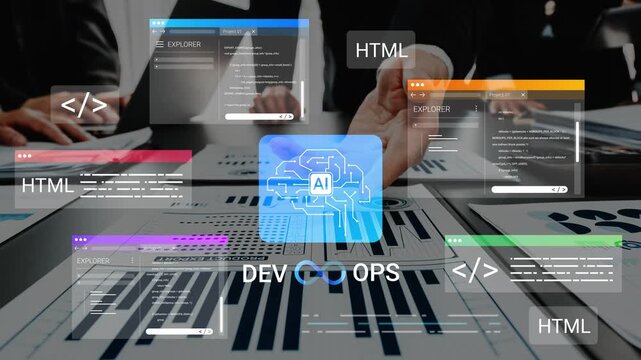 Futuristic Collaboration in Tech Environment Featuring AI, Development, Operations, and Data Analysis with Diverse Visual Elements Gluon.