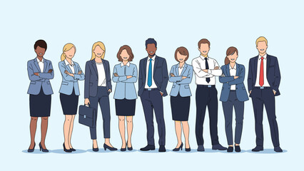 Obraz premium Diverse professional business group in formal suits stands together in a row for a corporate portrait representing teamwork and unity.