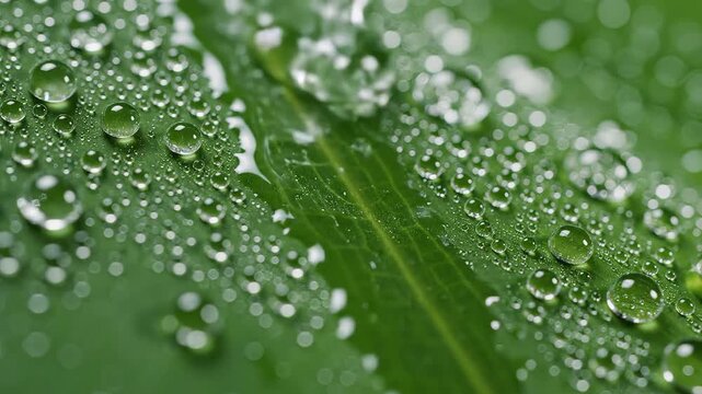 Water droplets on green leaf for commercial backgrounds, digital design, and advertising