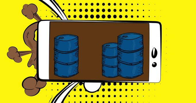 Cartoon Smartphone, comic book Telephone with Oil Barrel. Retro animation, comics pop art video.