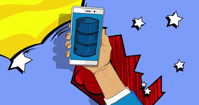 Cartoon Smartphone, comic book Telephone with Oil Barrel. Retro animation, comics pop art video.