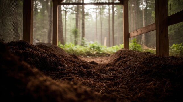 Abundant compost pile in a lush forest setting showcasing organic layers of decomposing material