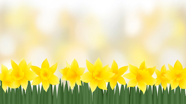 Row of yellow daffodils on soft light background with copy space