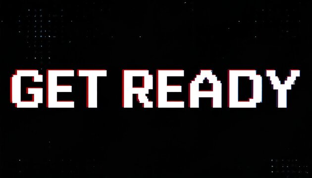 A black and white digital graphic with pixelated text
