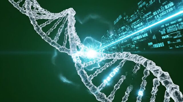 DNA double helix structure with glowing light.