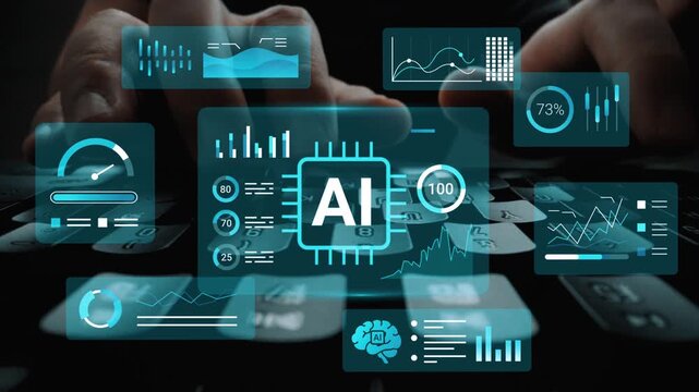 Futuristic artificial intelligence interface with data visualization and analytics on a computer keyboard, showcasing technology and innovation in digital space Gluon.