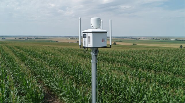 Advanced agricultural sensor technology mounted on a pole for precision crop monitoring in a vast green field under a clear sky