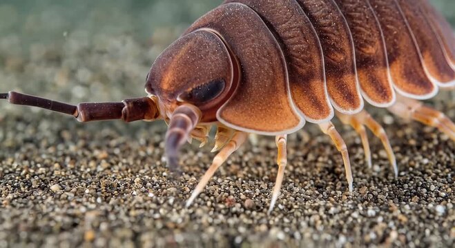 close-up macro isopod on sandy ground, detailed crustacean portrait