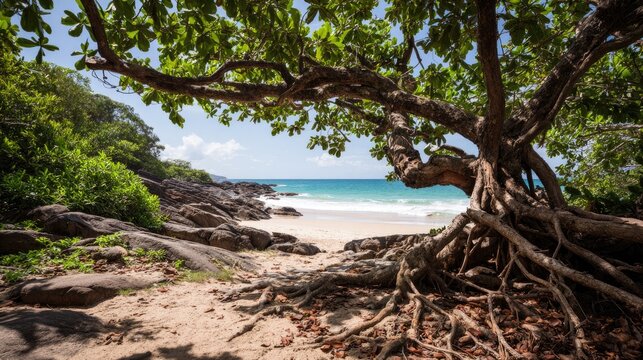 Gnarled tree with extensive roots frames view of tropical white sand beach and turquoise ocean