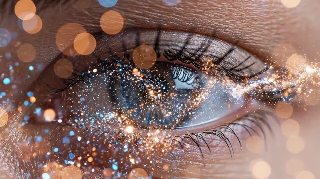 Closeup of a human eye with bokeh effects for commercial backgrounds, digital design, and advertising