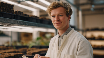 Fototapeta premium Laboratory cultivation room with shelving units holding hundreds of mushroom substrate blocks at varying fruiting stages, researcher in white coat recording weight measurements, controlled humidity 