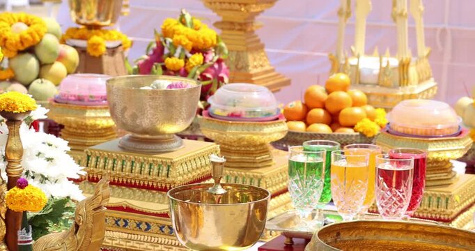 Ritual Baisi (Bai-sri) of Traditional Thai ceremonial offering table with fruits, marigolds, and ornate decorations, Consecration, Pre-Production Blessing Ceremony, Culture, Spirituality, Auspicious