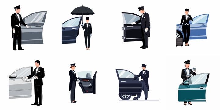 Set of professional chauffeur and valet illustrations in formal uniforms providing luxury transportation services and opening car doors for passengers