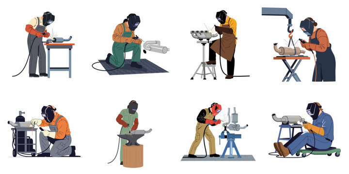 Set of illustrations depicting male and female welders in protective gear working on exhaust pipes and mufflers using professional welding equipment.