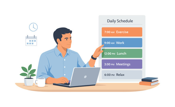 A professional maintaining a structured daily routine in a calm work setting, seated with a laptop while interacting with a simple repeating schedule block panel beside