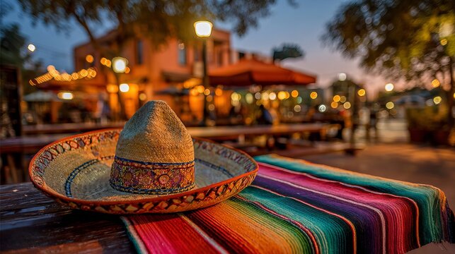 A vibrant sombrero sits on a colorful serape in a lively outdoor setting at dusk.