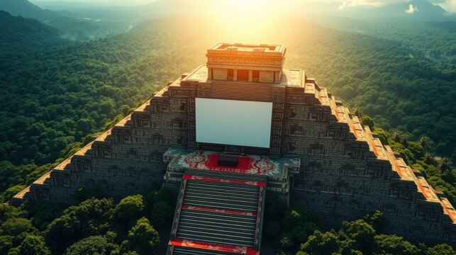 Ancient pyramid rises above lush jungle. Golden sunlight illuminates stone structure, creating dramatic scene. Majestic architecture.