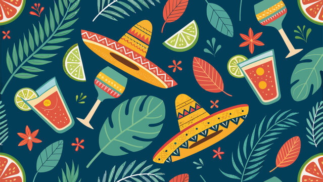 Vibrant mexican fiesta beverage pattern mix of agave with sombreros tropical leaves and citrus on dark blue background